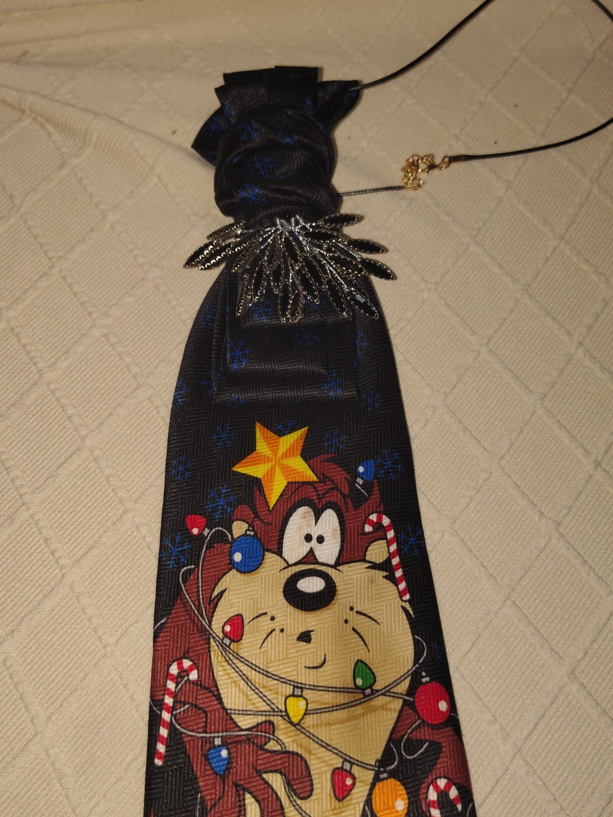 Black Silk Satin Novelty NeckTie Necklace Taz Looney Tunes Christmas Beaded