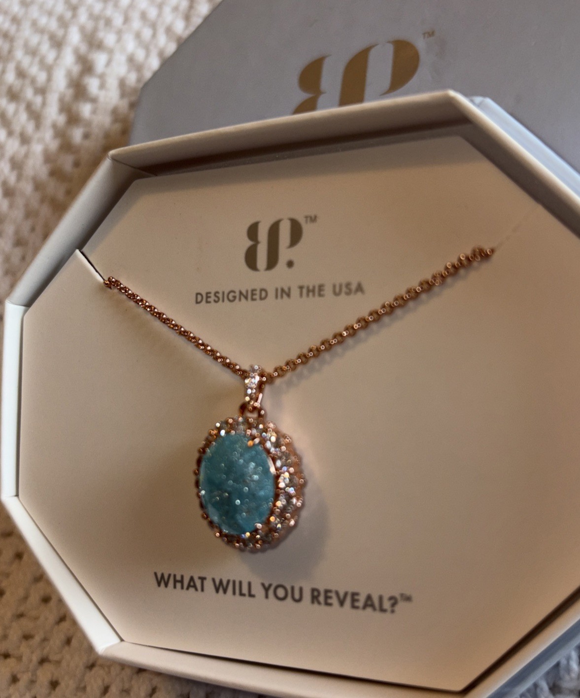BP 2424 Necklace LC Aquamarine Ice Crystal Rose Gold NK65924 NIB Beautiful