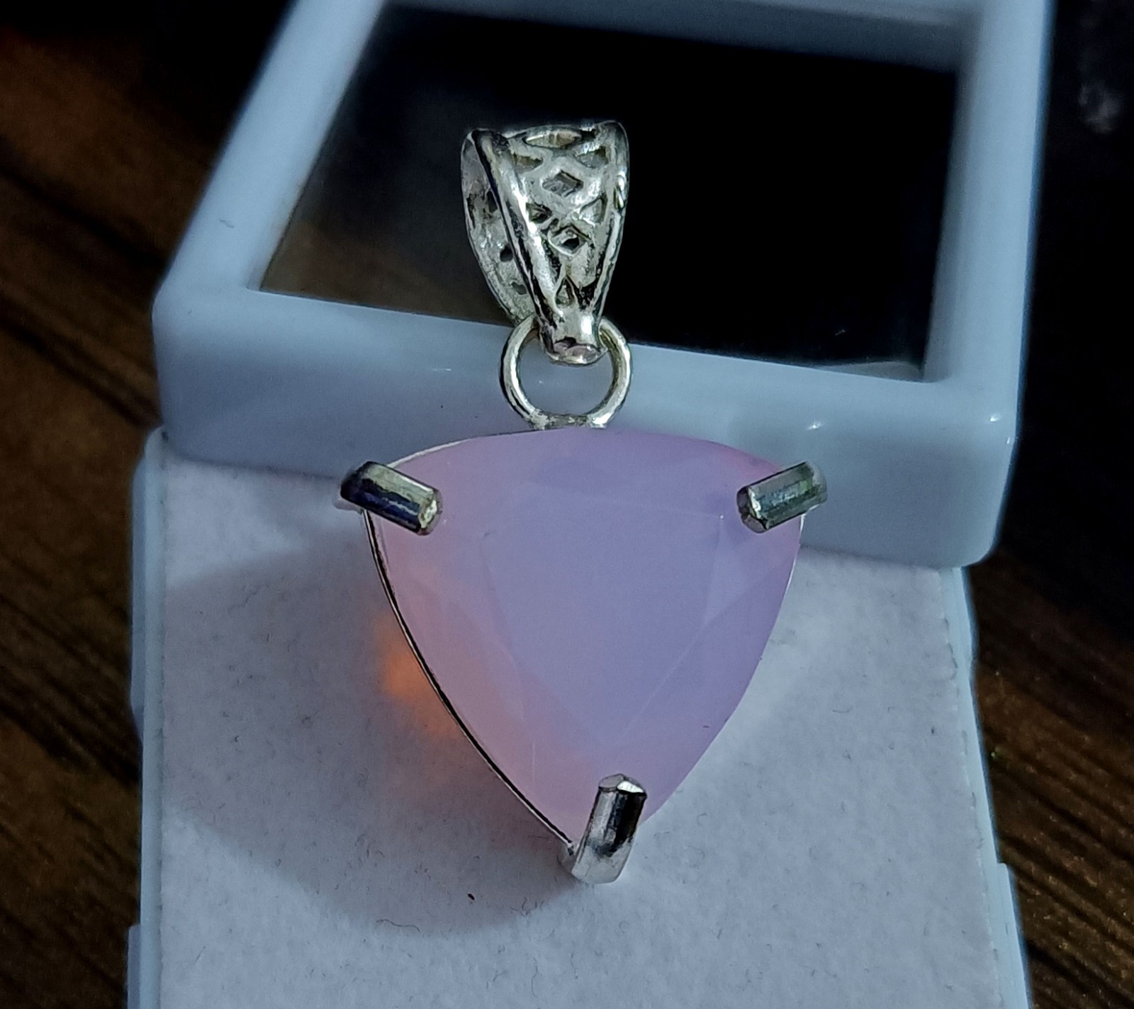 40 Ct Natural Pink Opal Gemstone -Trillion Cut Sterling Sliver Solitaire Pendant