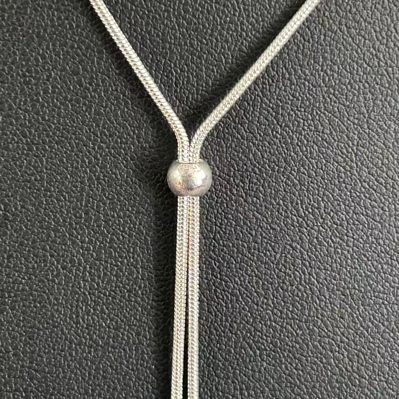 Modern Silver Tone Lariat Y Necklace Snake Chain Sliding Bead Bar Tassel 17-20″