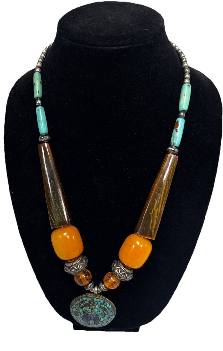 Vintage Bohemian Multi Color Necklace Tibetan Resin Amber with Turquoise Pendant