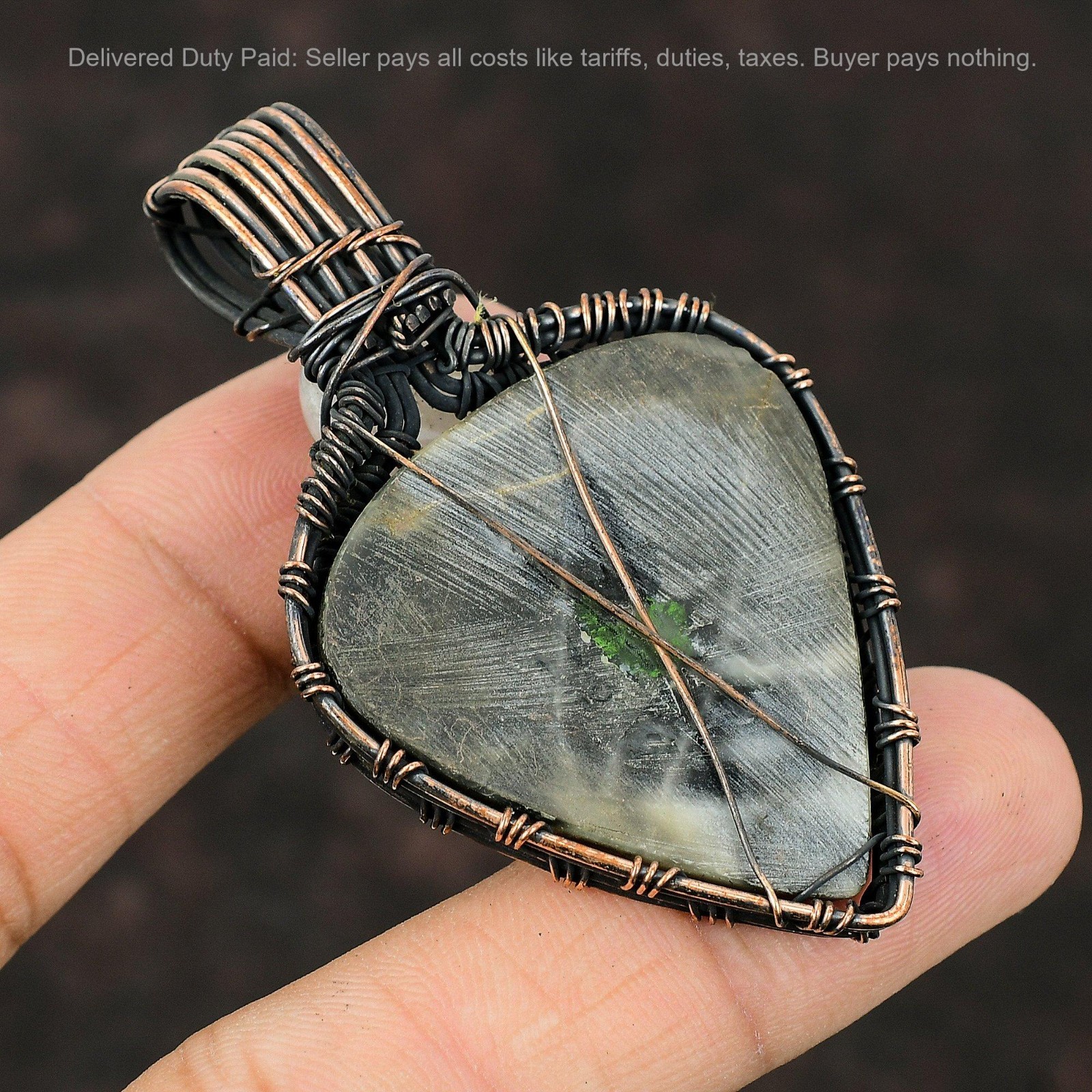 Trillion Picasso Jasper Gemstone Rainbow Moonstone Wire Wrapped Pendant Copper