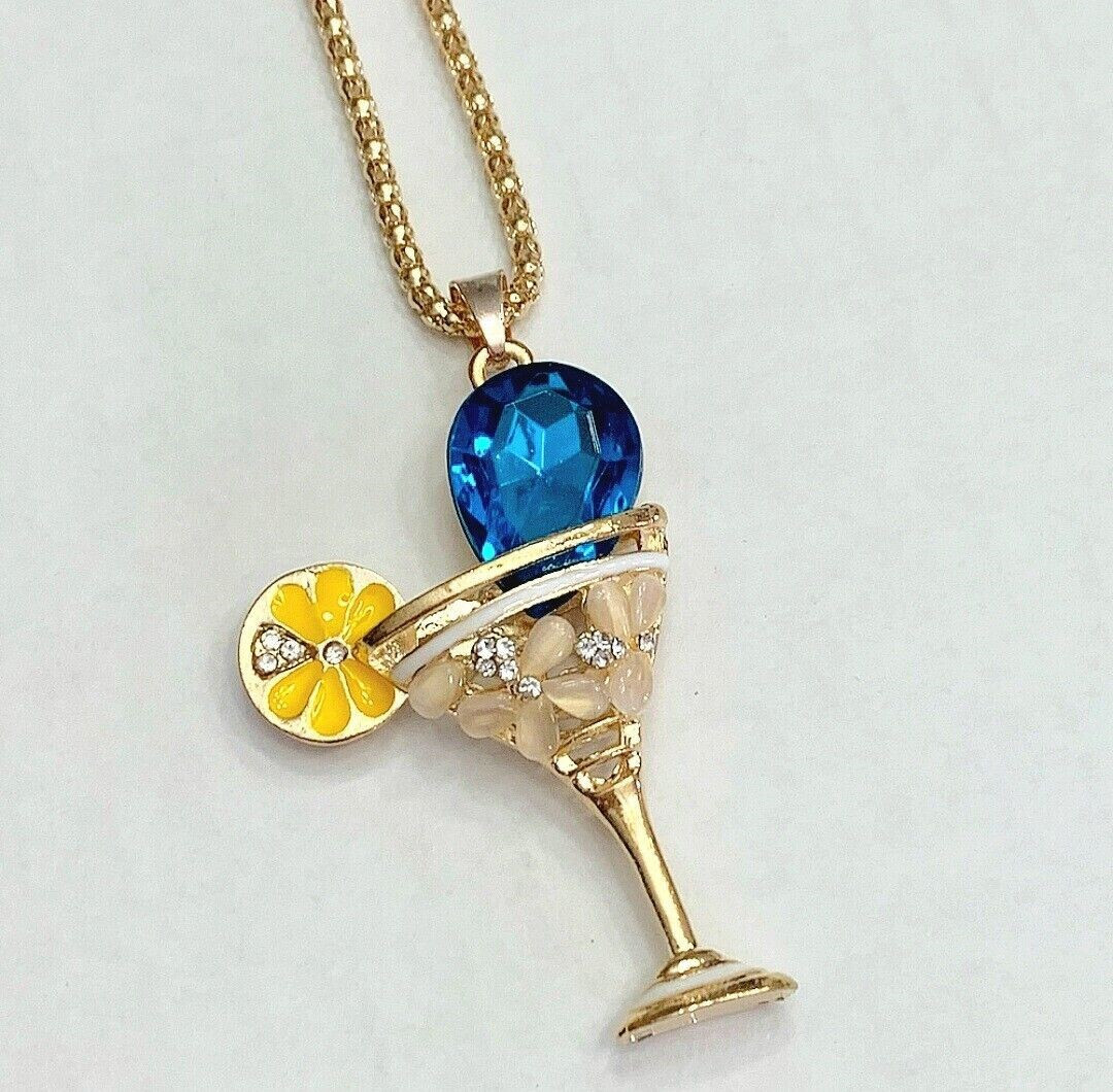 Betsey Johnson Crystal Blue Garnish Margarita 3D Pendant Necklace Free Gift Bag