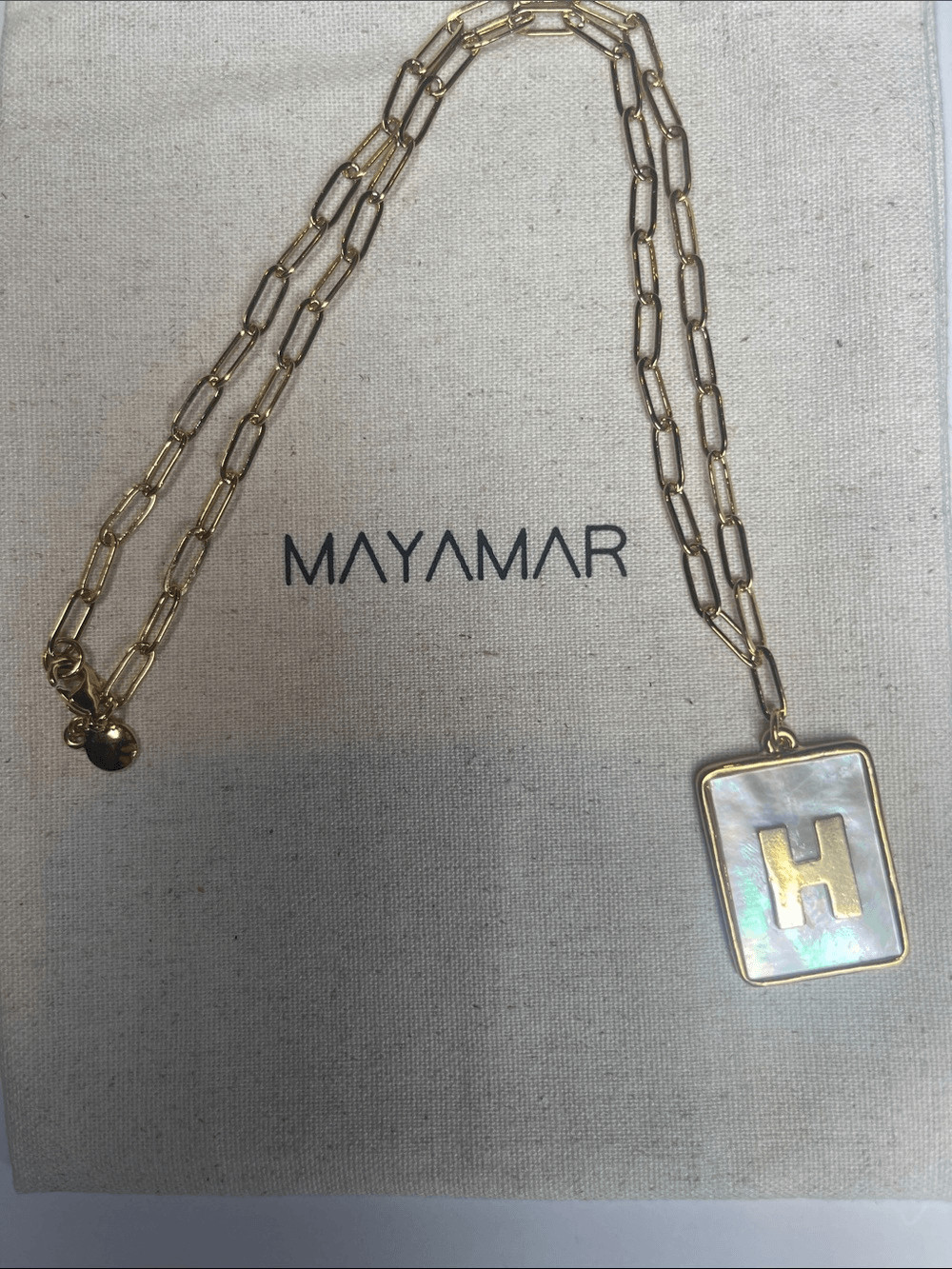 Gold H Rectangle Pendant Paperclip Necklace with Mother-of-Pearl by Mayamar