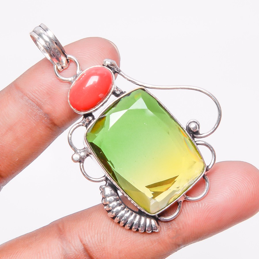 Bi-Color Tourmaline & Coral Gemstone 925 Silver Plated Pendant 2.2″ S2610