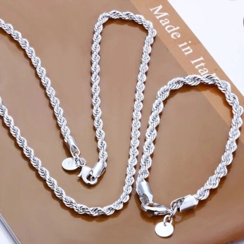 Silver Plated Jewelry 4MM Twist Rope Twist Necklace Bracelet Fashion Two-piece
