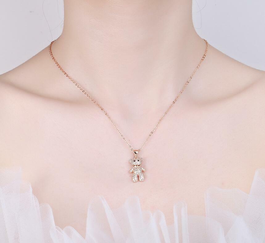 Elegant Teddy Bear Rose Gold Pave Cubic Zirconia Pendant Chain Necklace