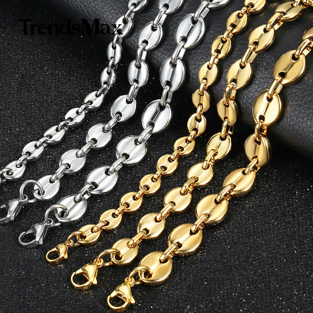 7/9/11mm Gold Plated Stainless Steel Coffee Bean Marina Link Bracelet/Necklace