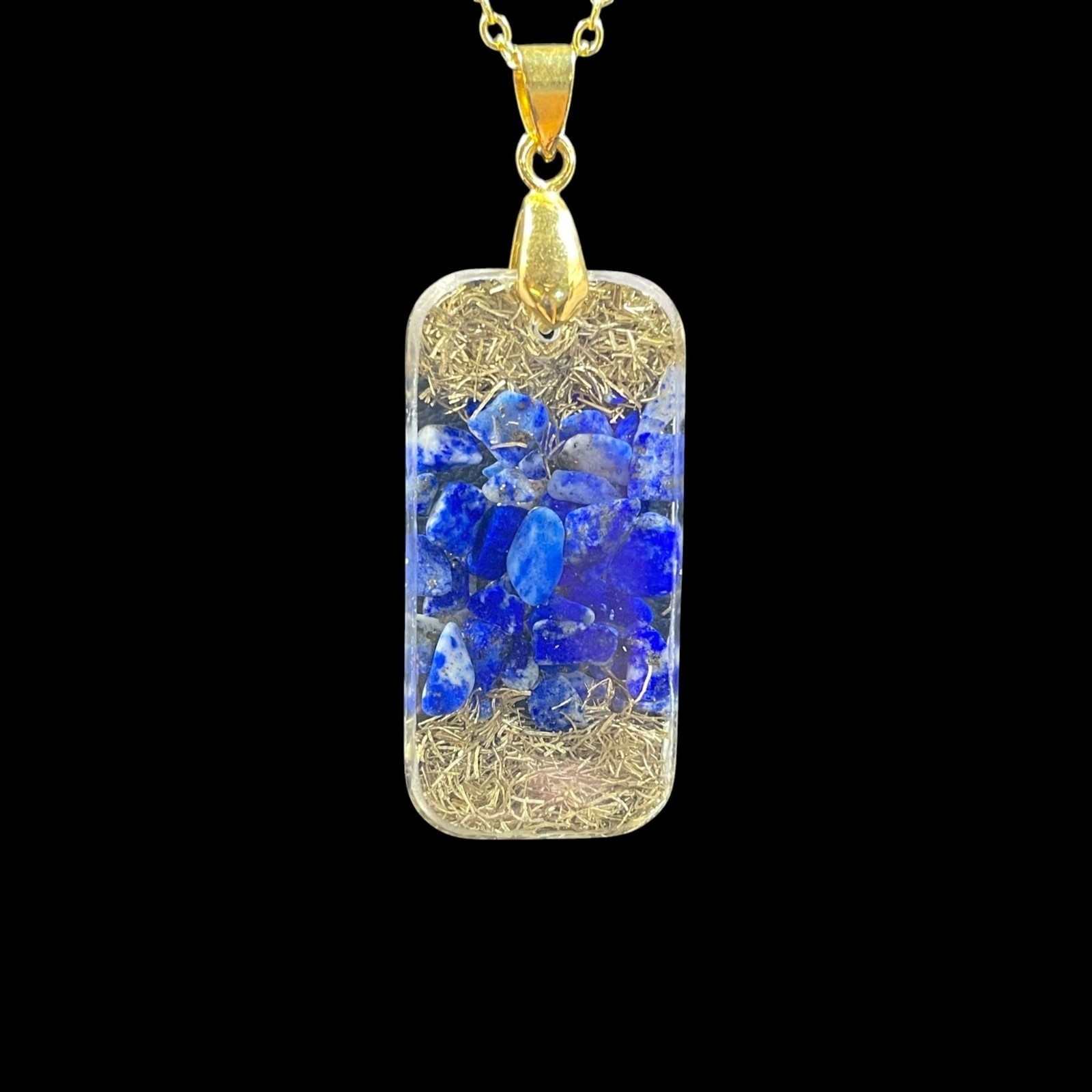 Gold Tone Sri Yantra Pendant Necklace Blue Gemstone Spiritual Energy Healing