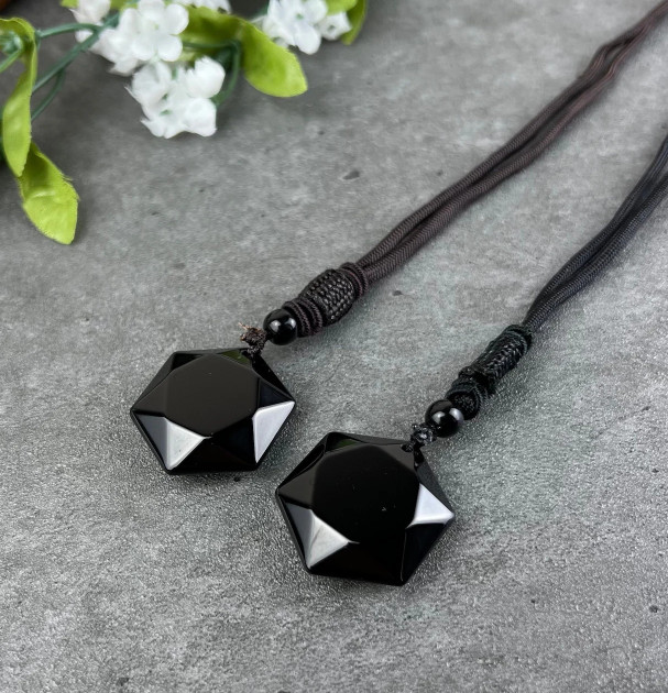 Black Obsidian Pendant Hexagon Necklace Women Men Amulet Stone Crystal Jewelry
