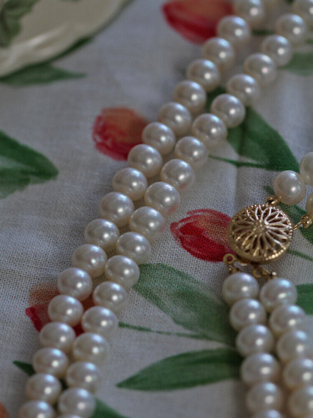 Two Strands 6-7mm AAA++ Real natural Akoya White pearl necklace 14k Gold 16-17″