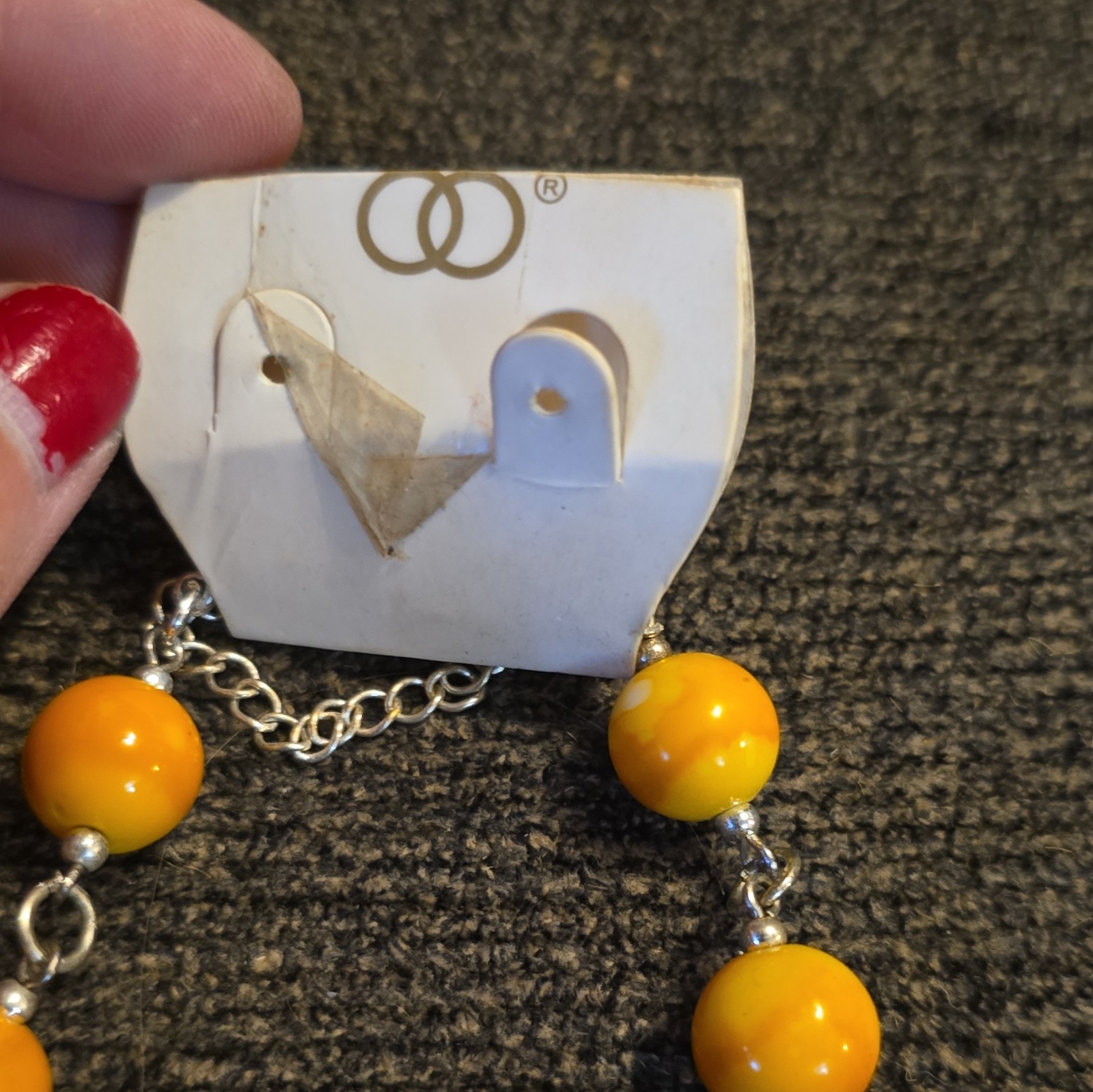 Orange Plastic Beaded Necklace Silver Tone Oval Link Chain Lobster Clasp