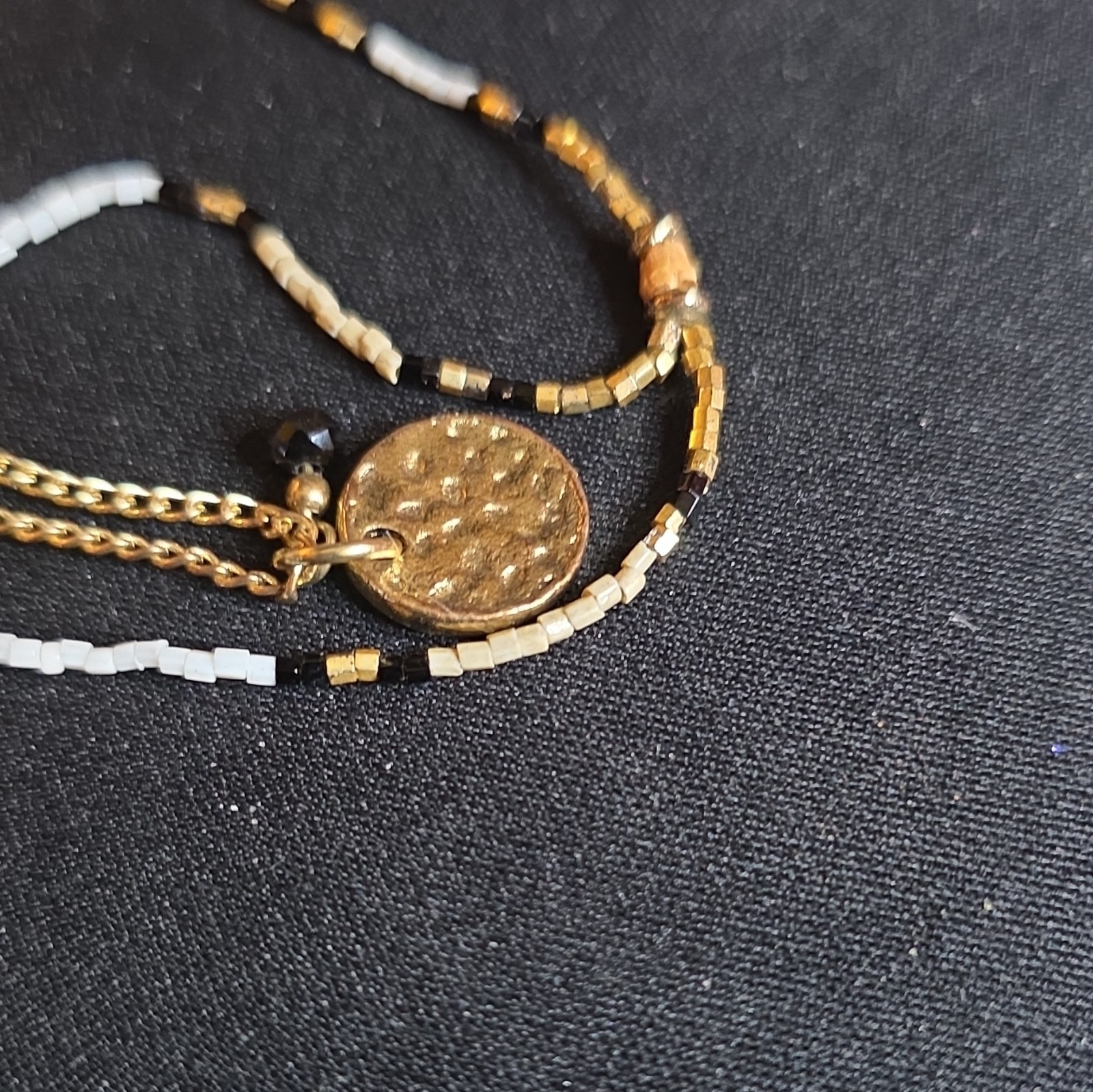 Gold Tone Beaded Layered Necklace Leaf Charm Pendant Coin Charm Cable Chain