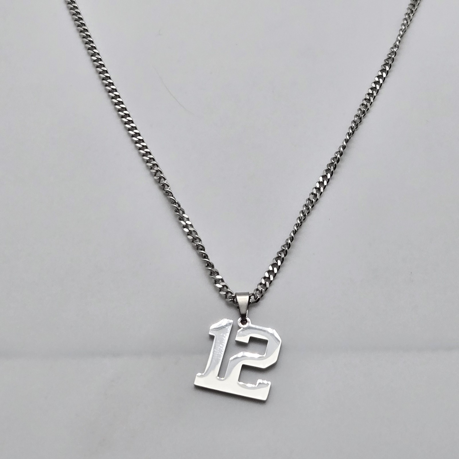 #12 BASEBALL FOOTBALL NUMBER Pendant Charm / 20″-24″ STAINLESS CHAIN NECKLACE