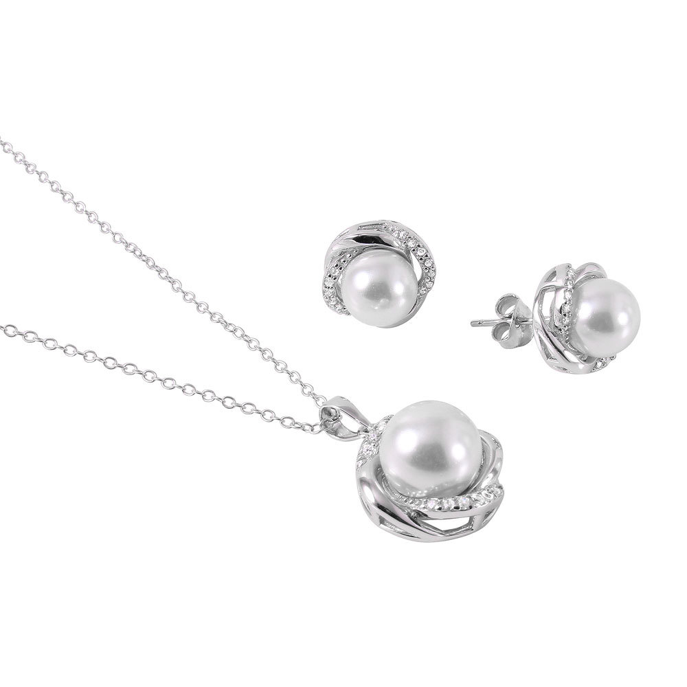 925 STERLING SILVER PENDANT NECKLACE & EARRING SET LAB CREATED PEARL & DIAMOND