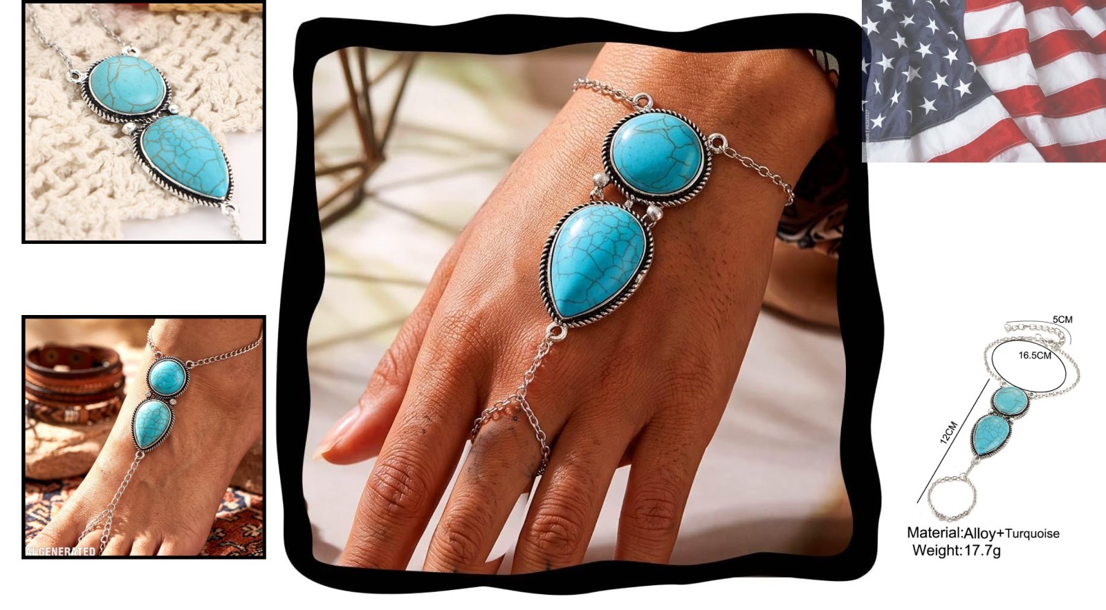 Boho Slave Bracelets Silver Turquoise Finger Ring Bracelets Summer Beach Hand…
