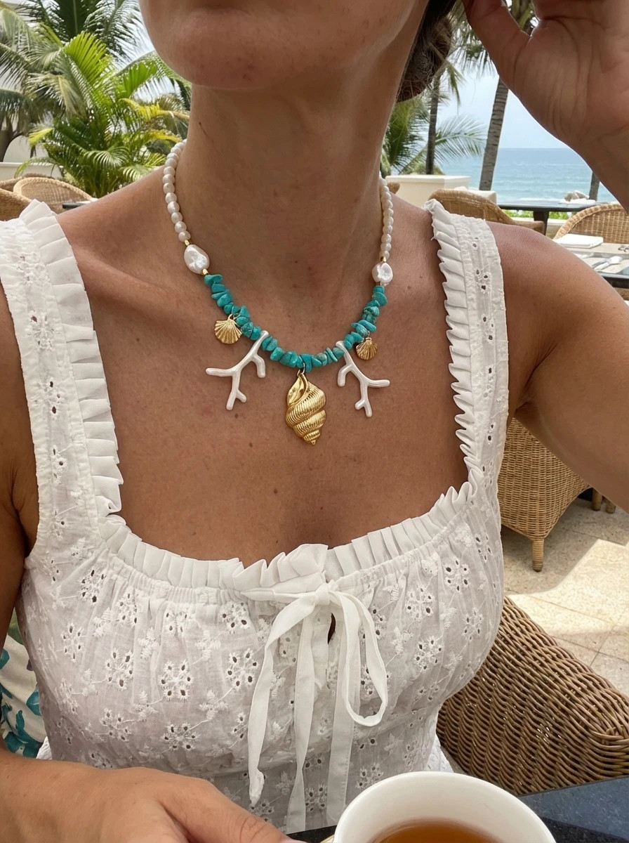 Bohemian Blue Irregular Stone Beaded Choker for Women Exaggerated Conch Coral Pe