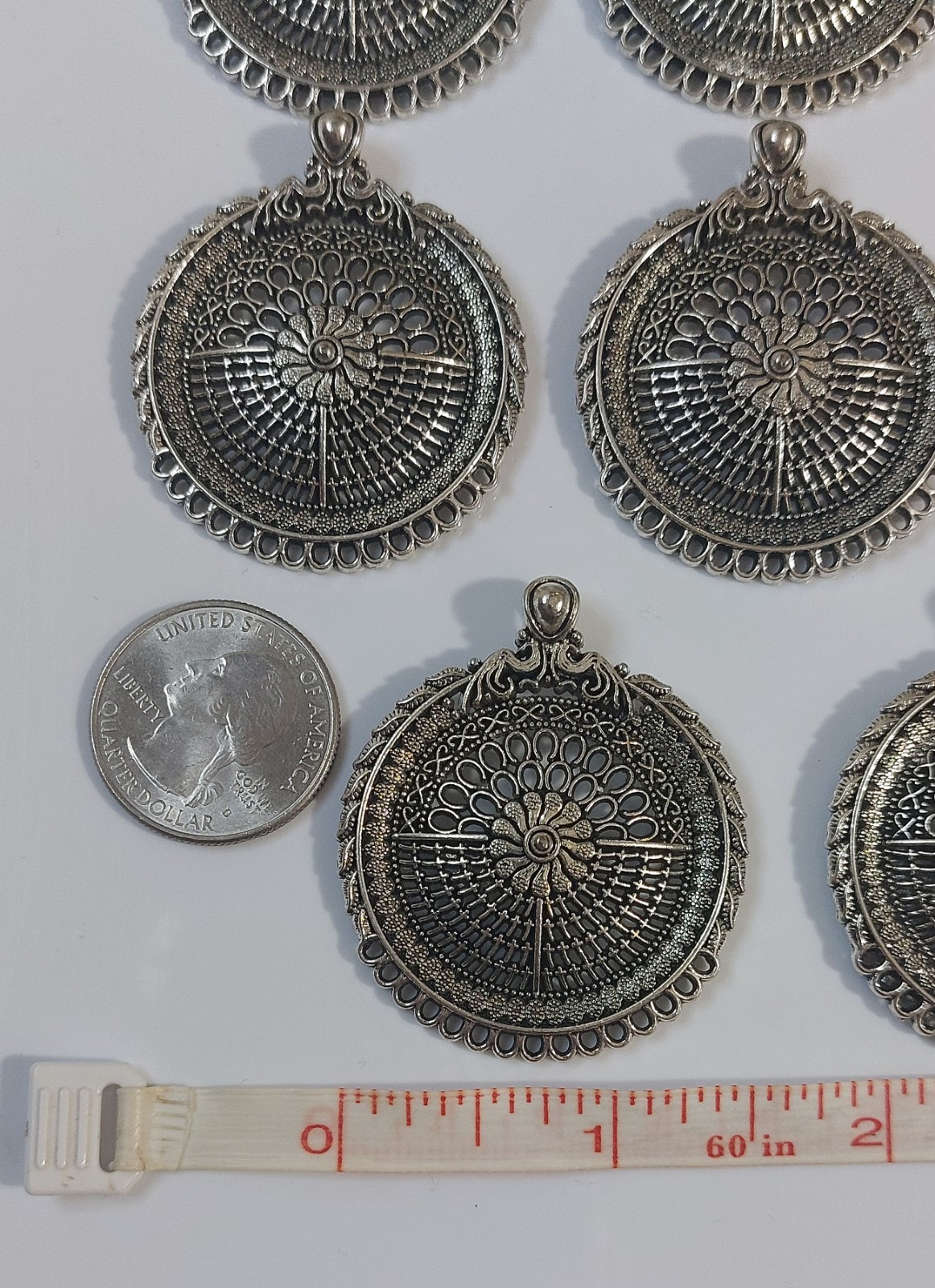 Boho Silver Tone Round Pendant Charms – Set of 8