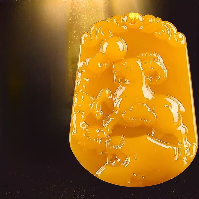 4.8cm Chinese Retro Huanglong Jade Twelve Chinese Zodiac Signs Pendant Necklace