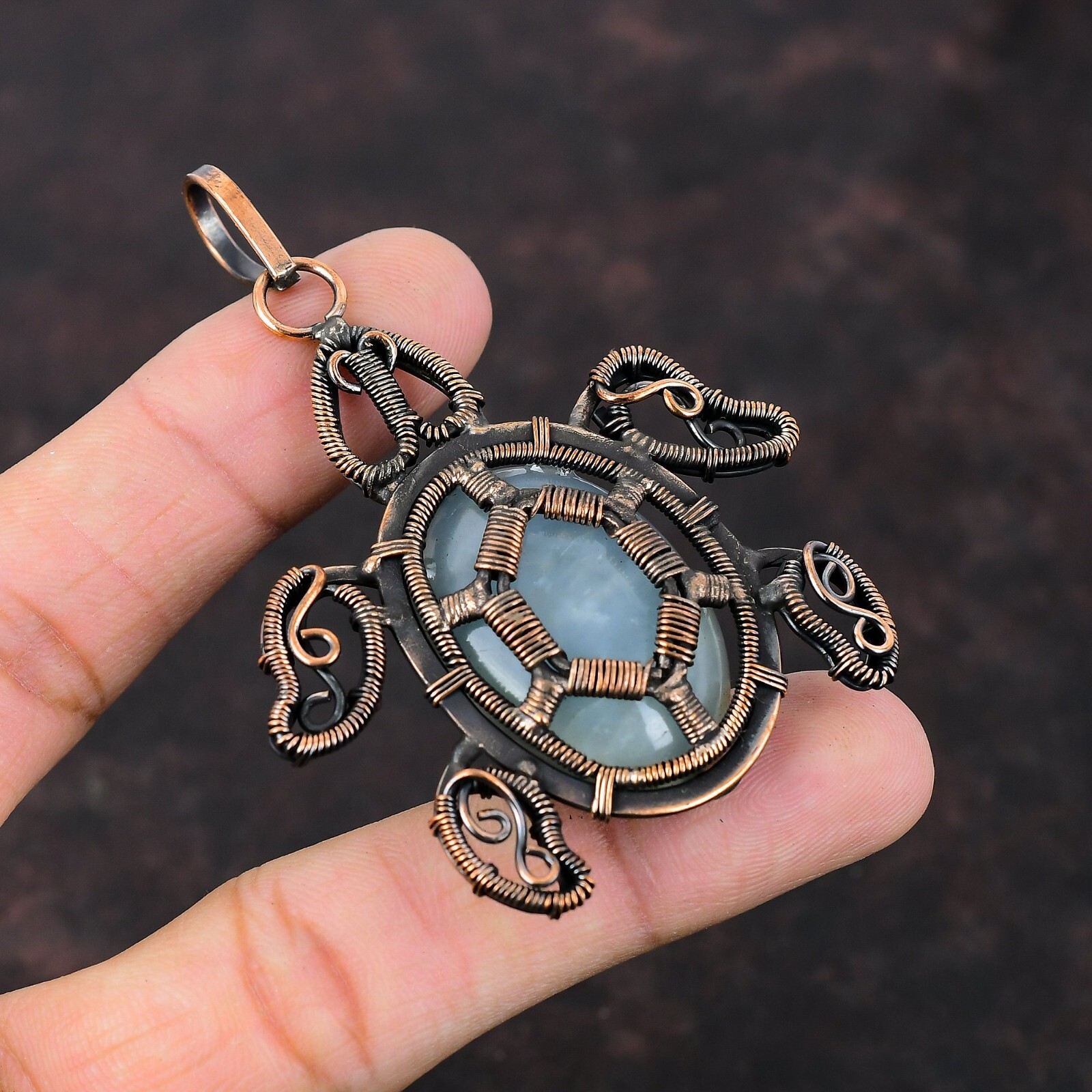 Aquamarine Wire Wrapped Tortoise Pendant Handcrafted Copper Gift Jewelry 2.95″