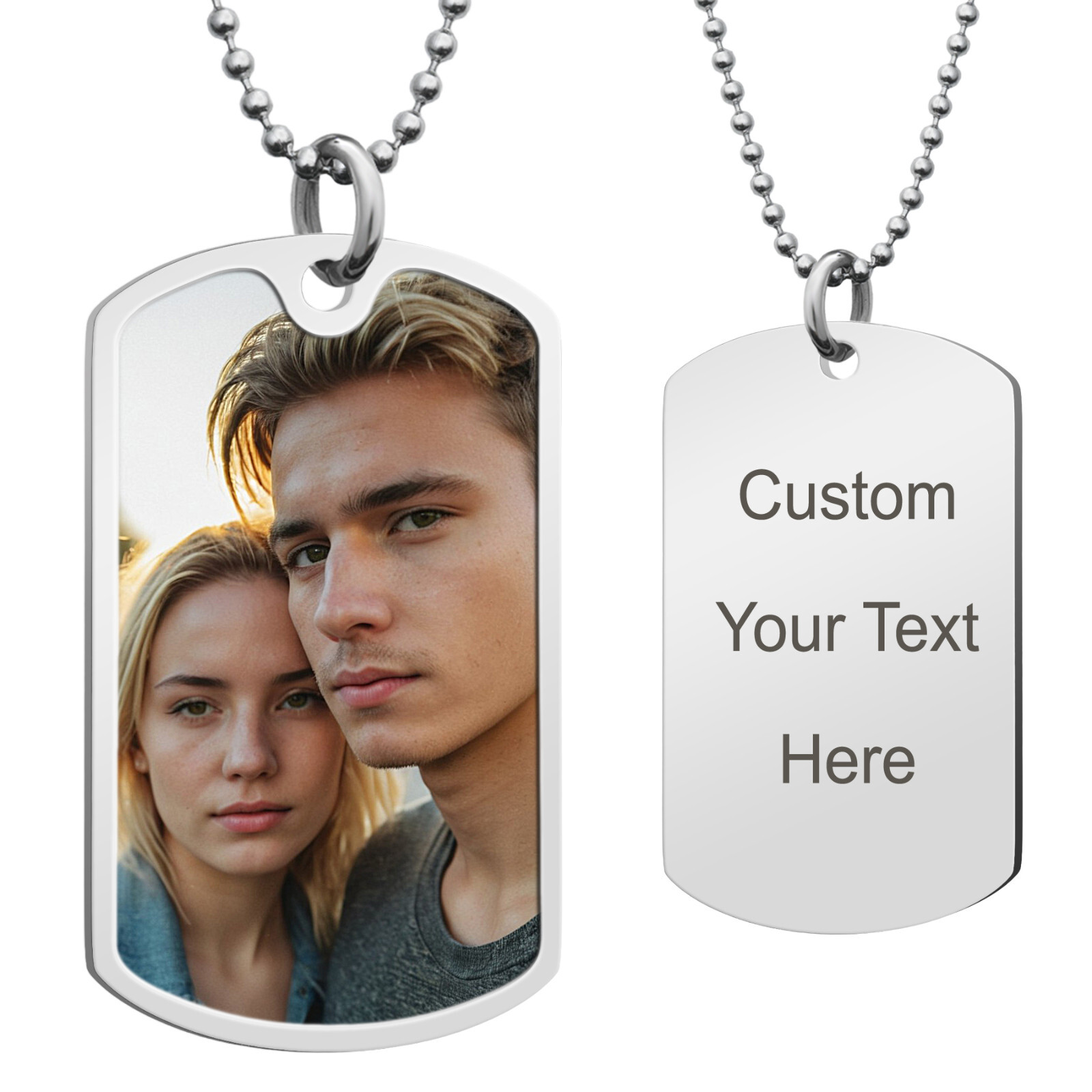 Personalize Full Color Photo Print Text Engrave Stainless Steel Dog Tag Necklace
