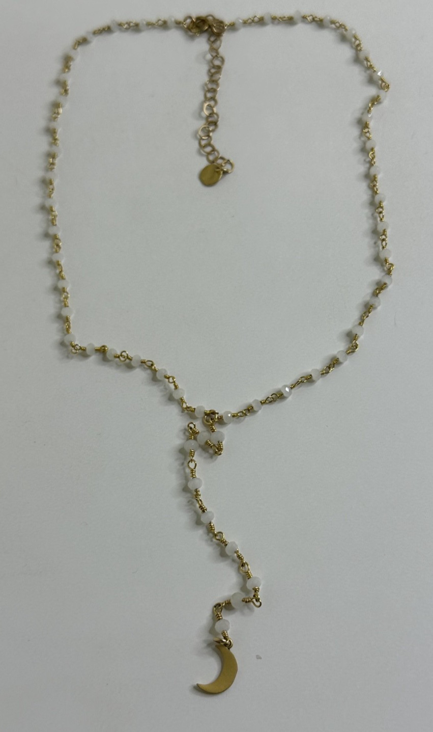 1/20 14k Gold Filled Necklace Dainty Moon Charm White Beads Y Lariat Dangle