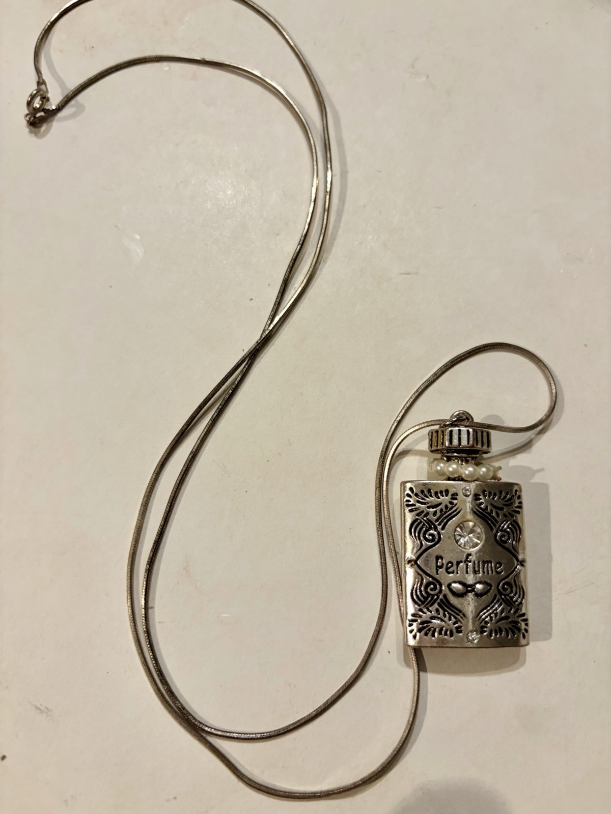 Vintage Decorative Silvertone Perfume Bottle Pendant On 925 Silver Necklace
