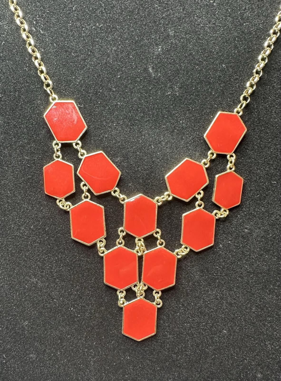 Gold Tone Cable Chain Statement Necklace Red Hexagon Stations Lobster