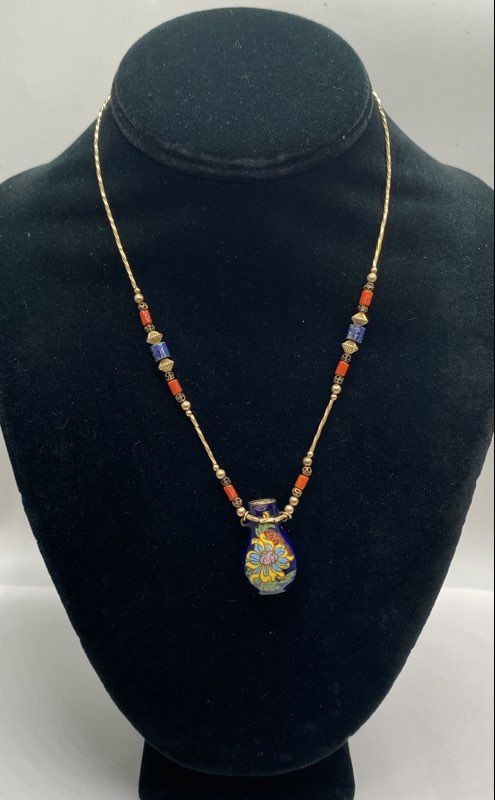 Vintage Gold Filled Cloisonne Enamel Vase Necklace Blue Lapis Red Coral 17.5″
