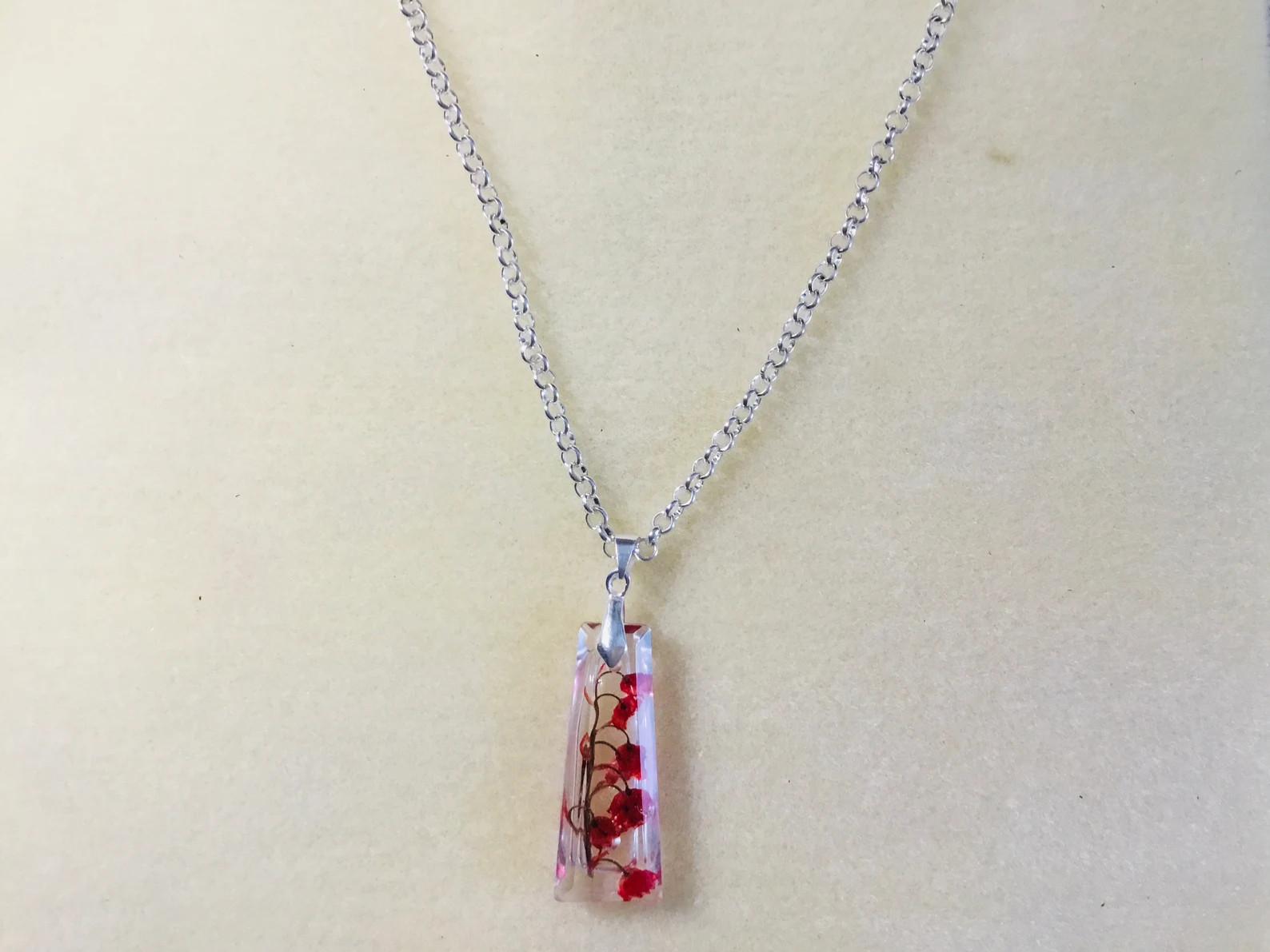 Lilies of the Valley Pendant Necklace, Red Floral Resin Jewelry, Real Flowers