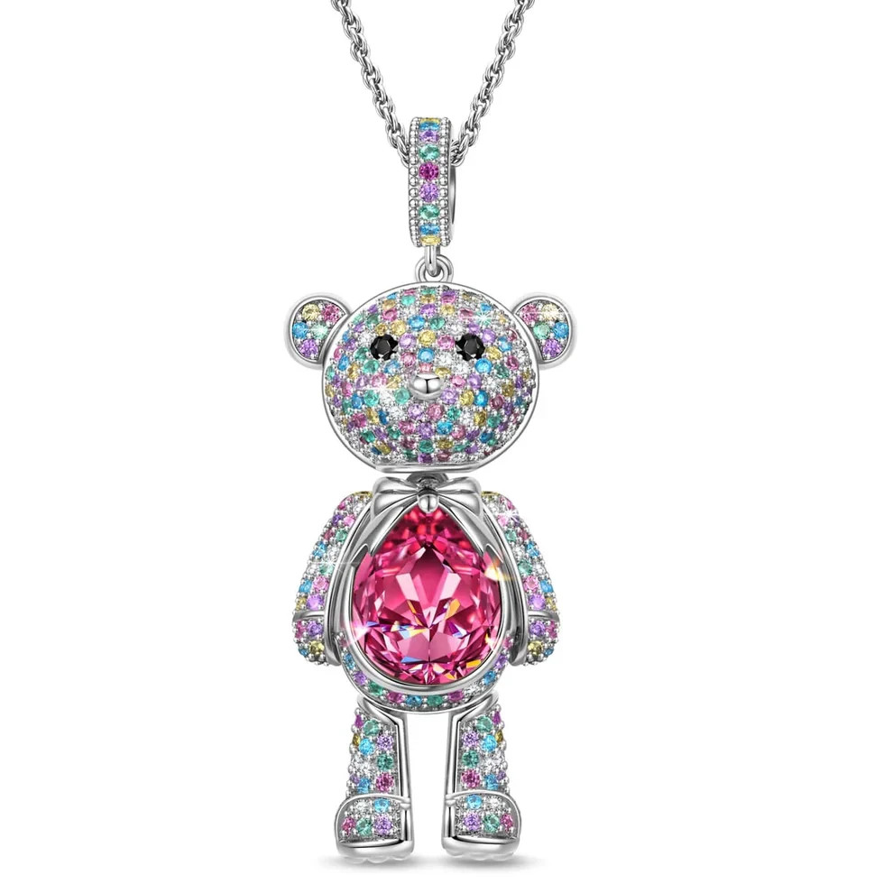 Forever Teddy Bear Pendant Rope Chain Necklace In White Gold Plated -Created Wit