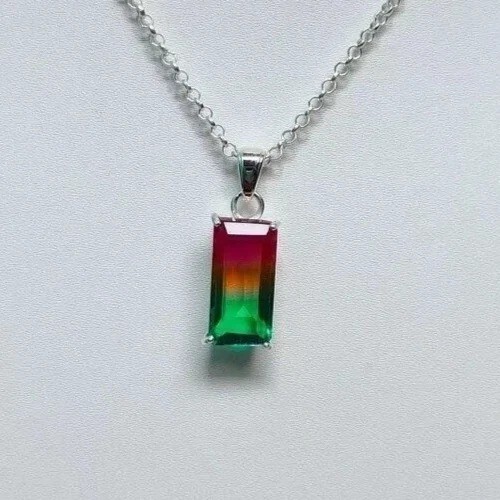 Watermelon Tourmaline Bi-Color Emerald Cut Pendant 100.38 Ct Beautiful Necklace