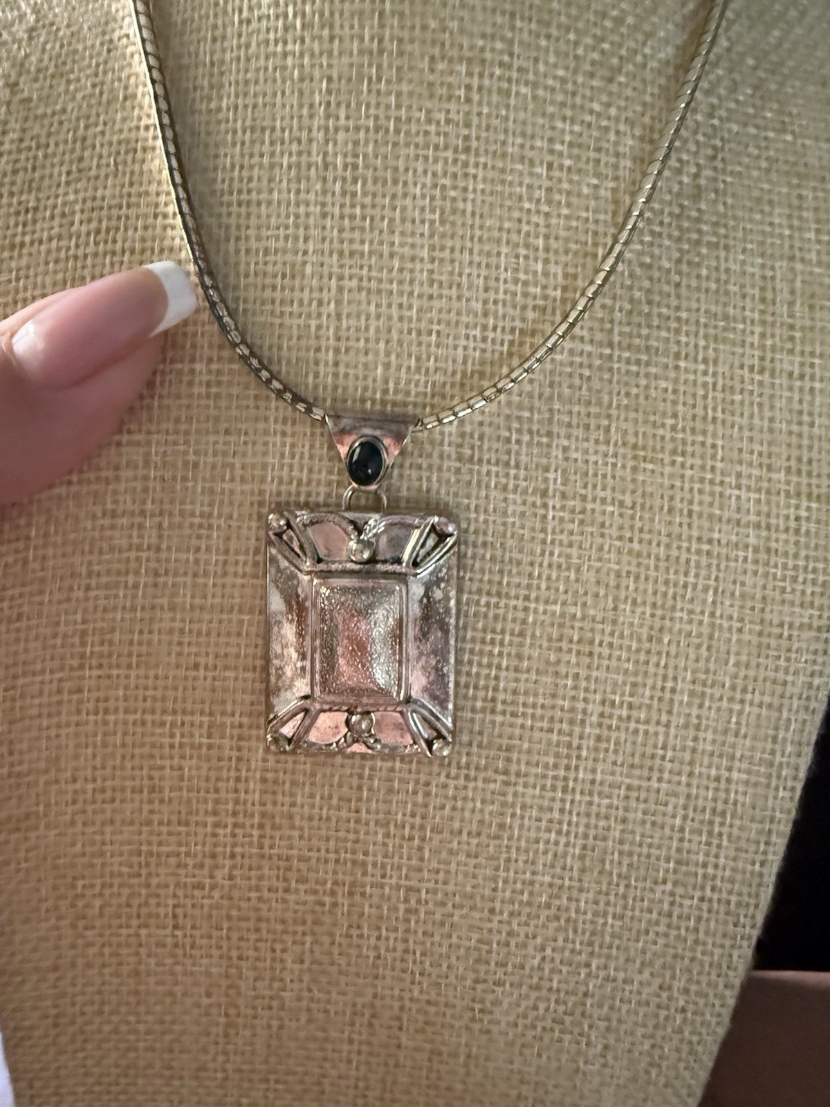 Avon Art Deco Two-Tone Rectangle Charm Pendant Necklace Snake Chain Box Signed