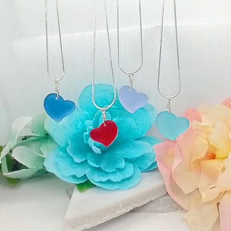 Valentines Gift Necklace Silver Sea Glass Heart Pendant Gold Snake Chain