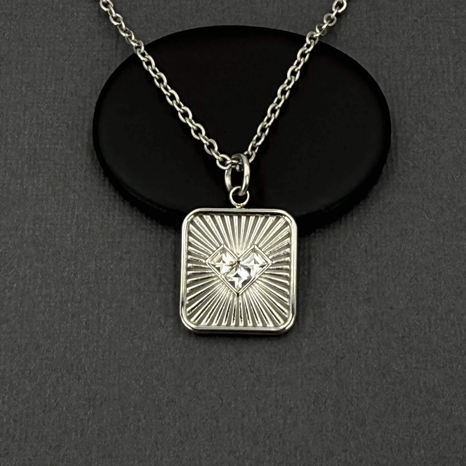 Square Heart Necklace, Silver Stainless Steel Modern Pendant, Valentine’s Gift