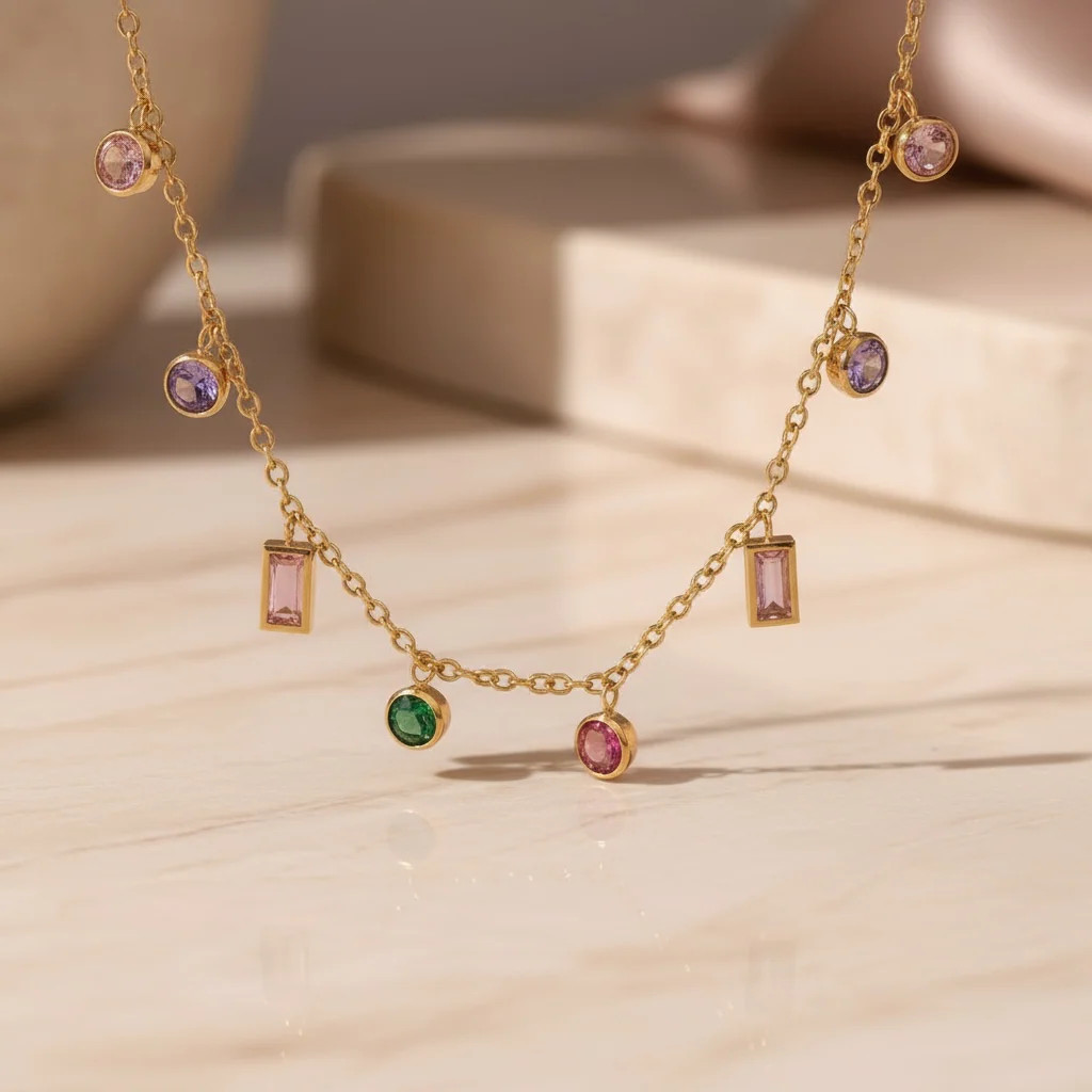 Rainbow Gemstone Choker Necklace | Multicolor CZ Baguette & Round Charm | Gold