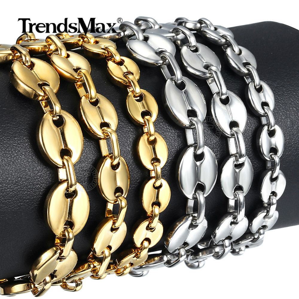 7/9/11mm Gold Plated Stainless Steel Coffee Bean Marina Link Bracelet/Necklace