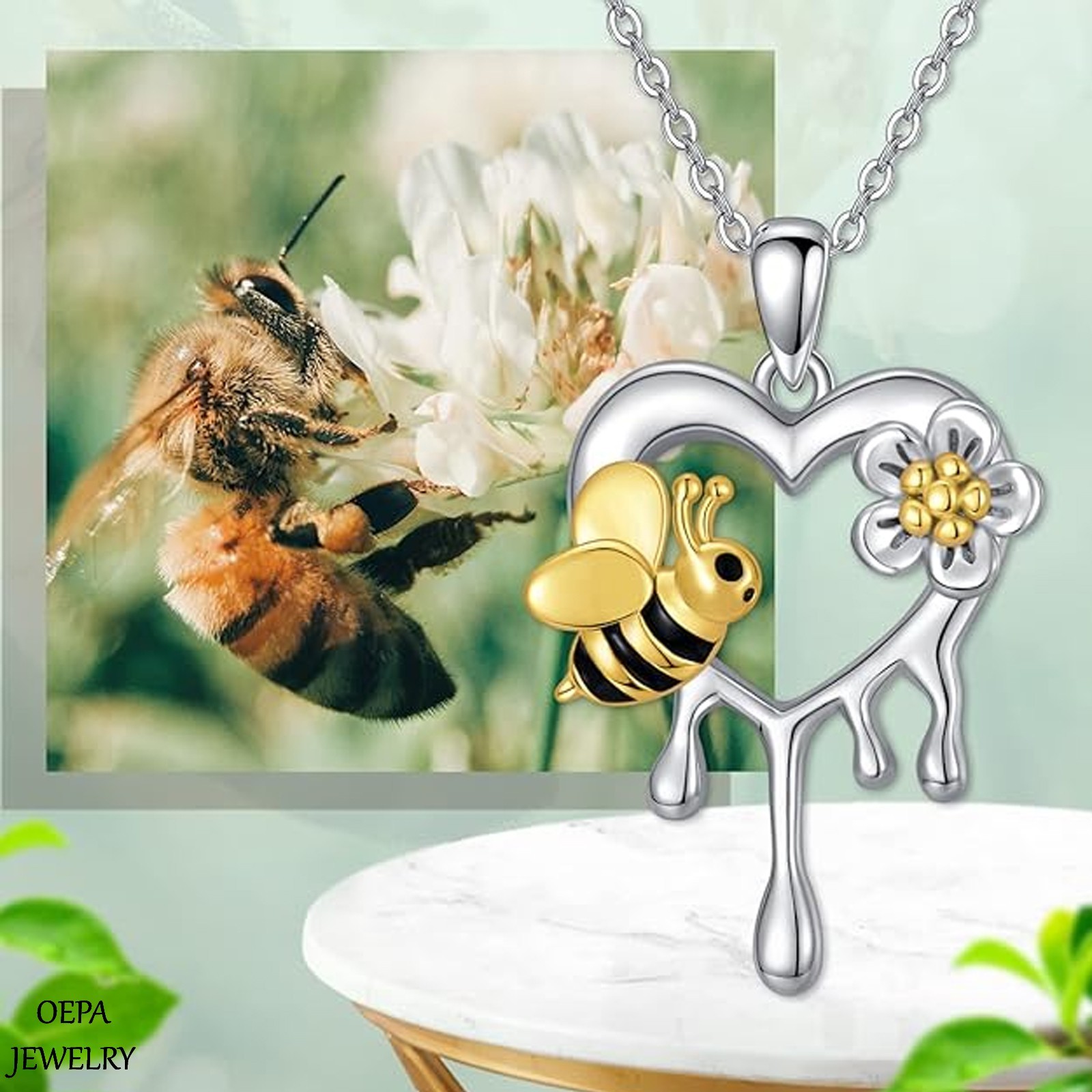 Sunflower and Bee Heart Necklace 925 Sterling Silver Bee Necklace for Women