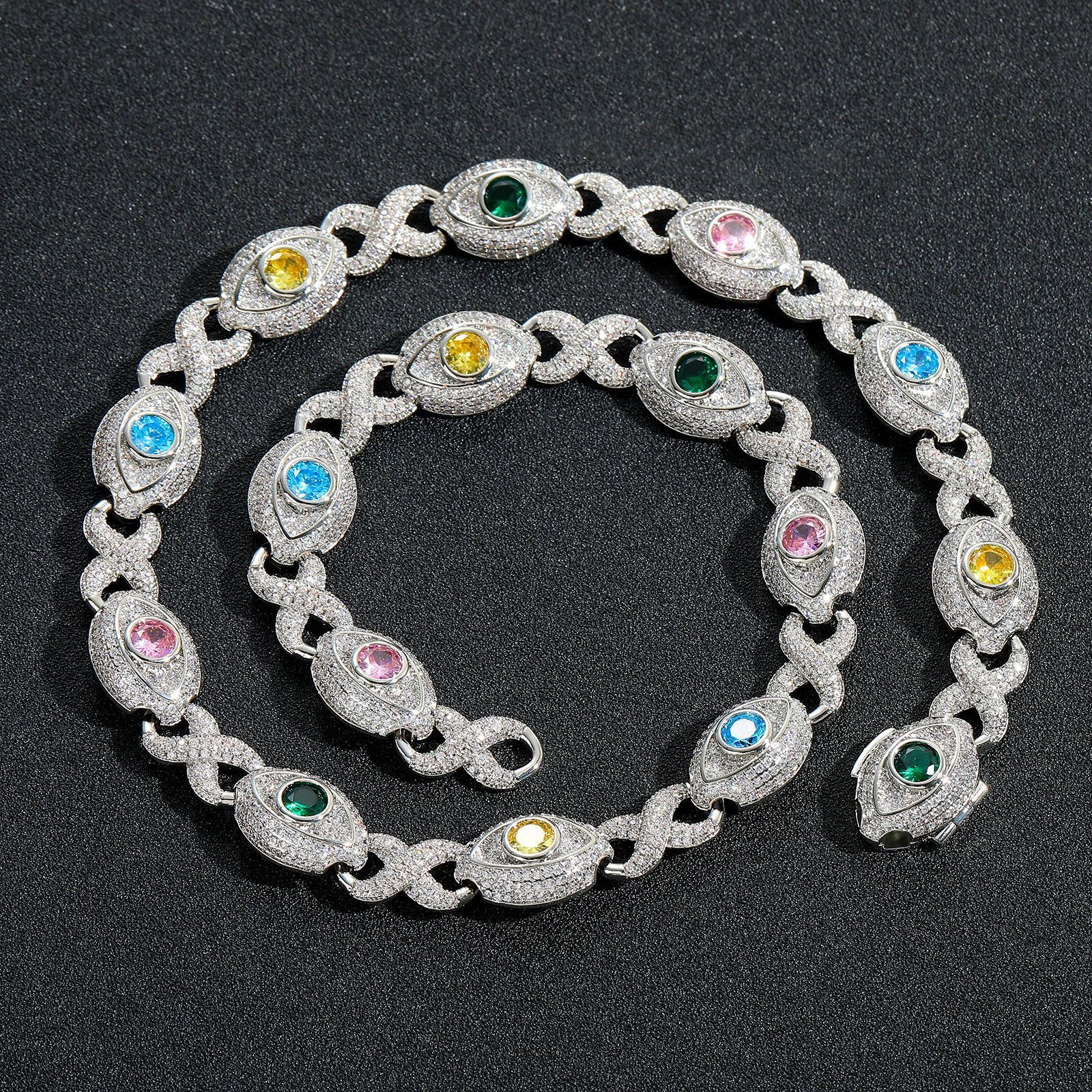 Hip Hop Colorful Eye Cuban Chain Necklace Bracelets 5A Zircon Mens Jewelry