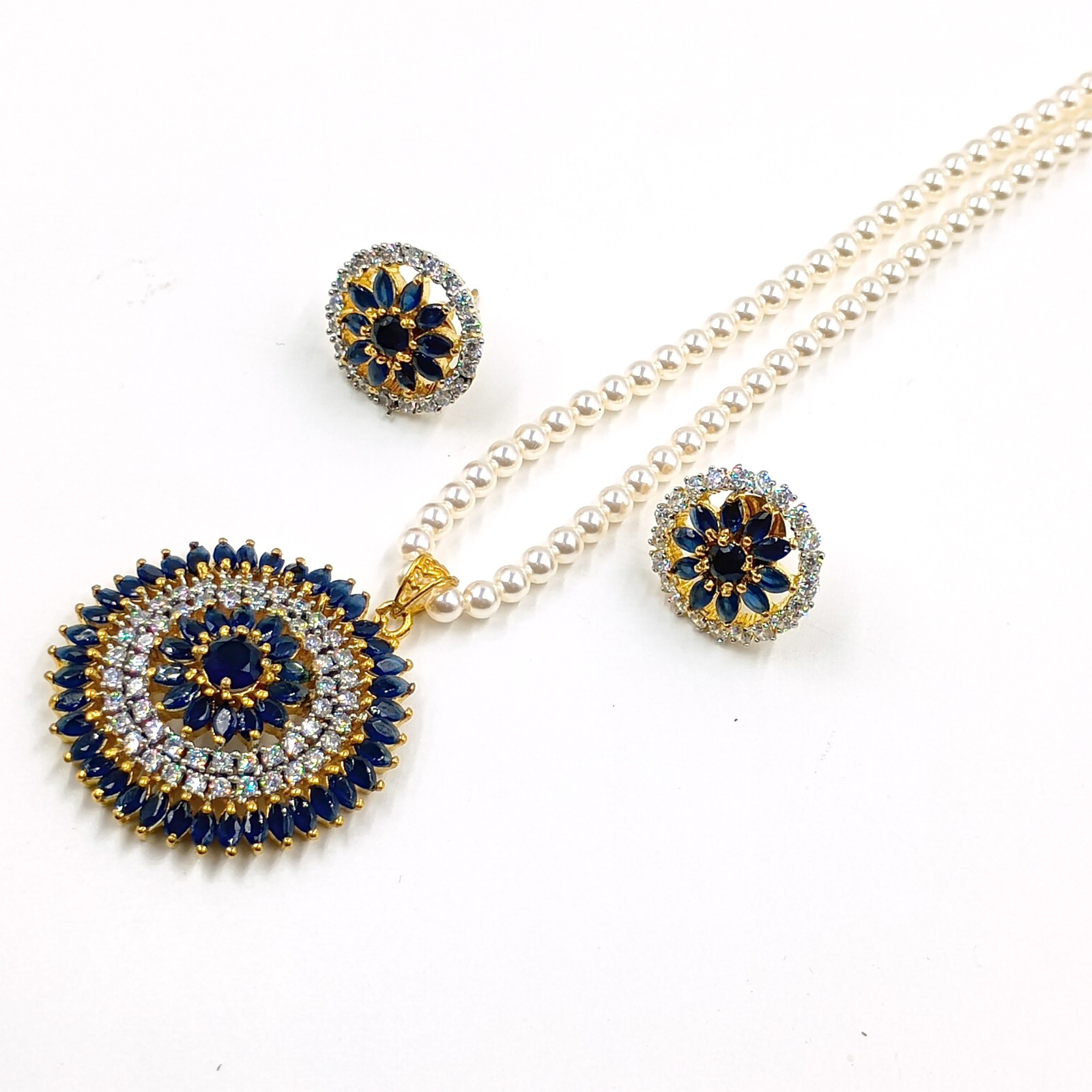 Traditional 22k Gold Plated Sapphire CZ Diamond Bridal Pendant Set Wedding Jewel