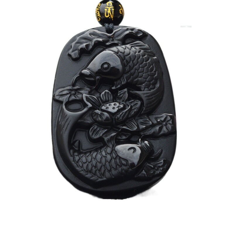 Natural Obsidian Pisces lotus fish koi necklace Amulet pendant with bead chain