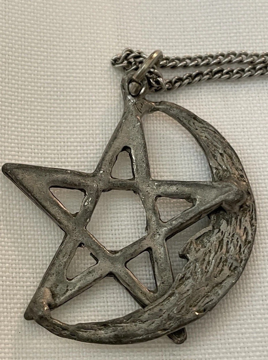 2 Spiritual Necklaces*Quarter Moon/Pentagram*Hands Holding Shimmery Glass Ball