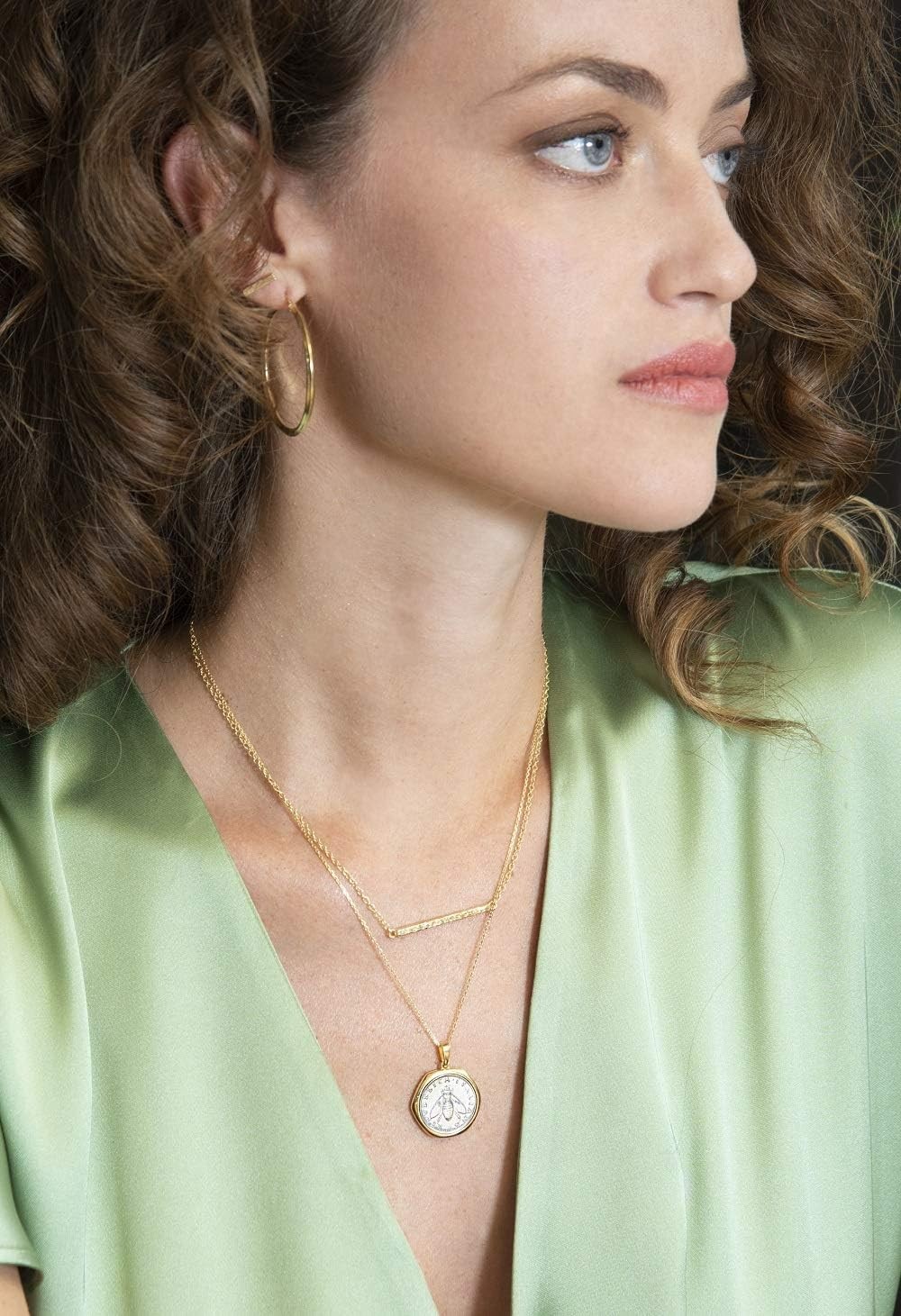 Chic 2-Lira Bee Coin Necklace: 18K Gold Plated Sterling Silver, Casual Elegance