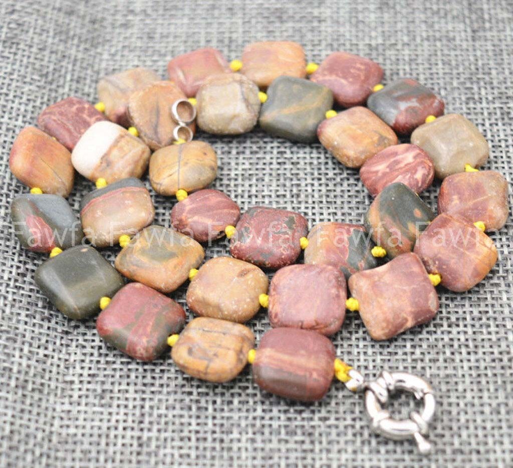 Fashion 14mm Multicolor Picasso Jasper Gemstone Square Beads Necklace 18″