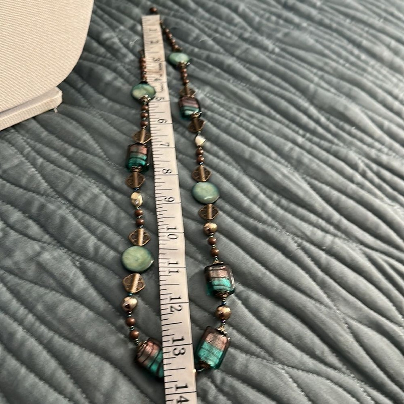 Women Beautiful bronze, glass blue green purple square beads 14 inch