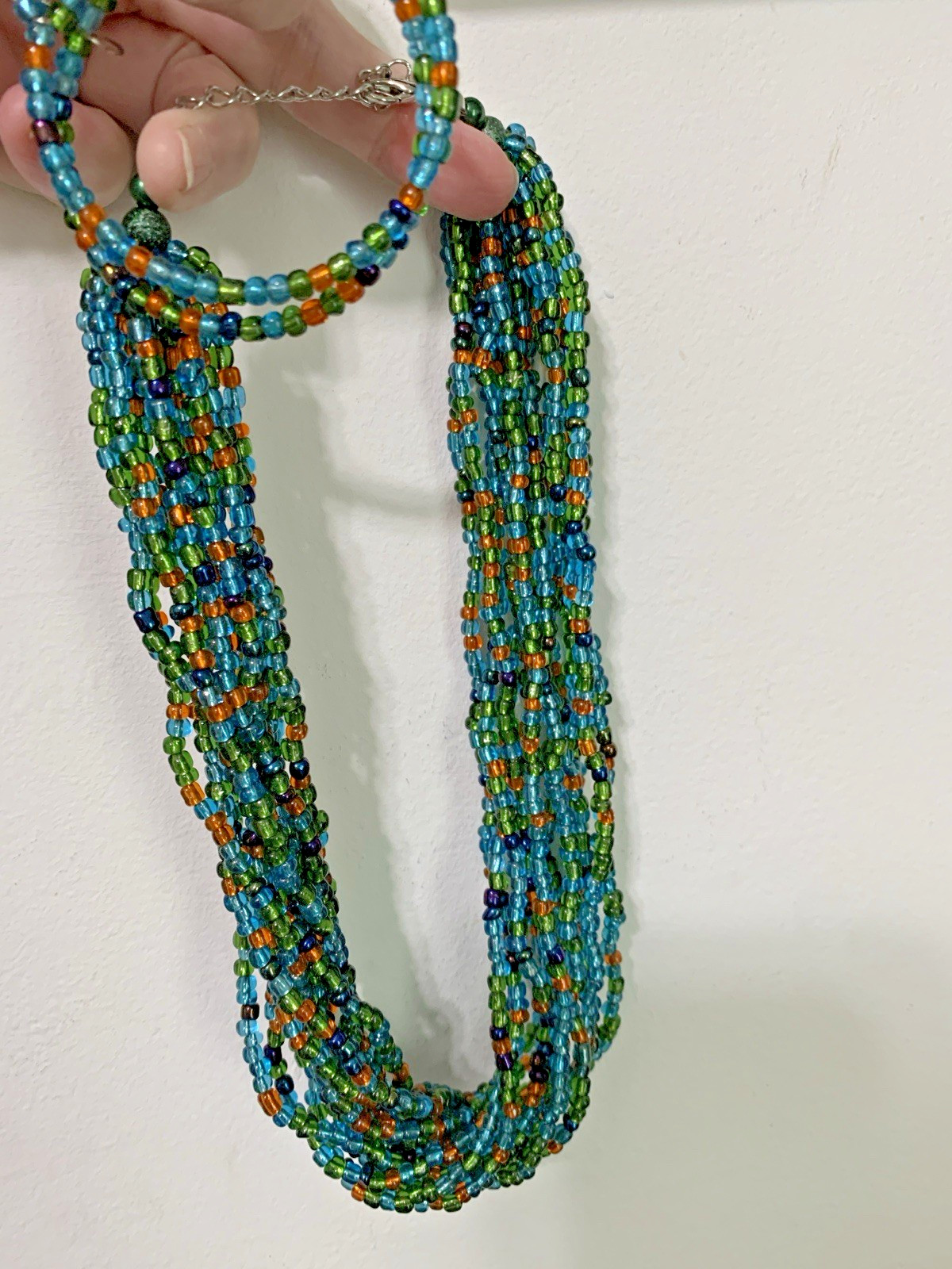 Vintage Set Of iridescent glass Multi Strand Necklace &Hoop Earring Set,18”&2.5”