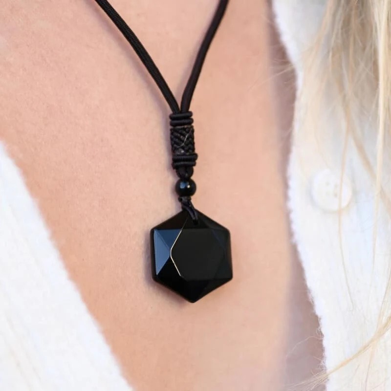 Genuine Obsidian Hexagon Pendant Talisman Healing Protection Chakra Men Necklace