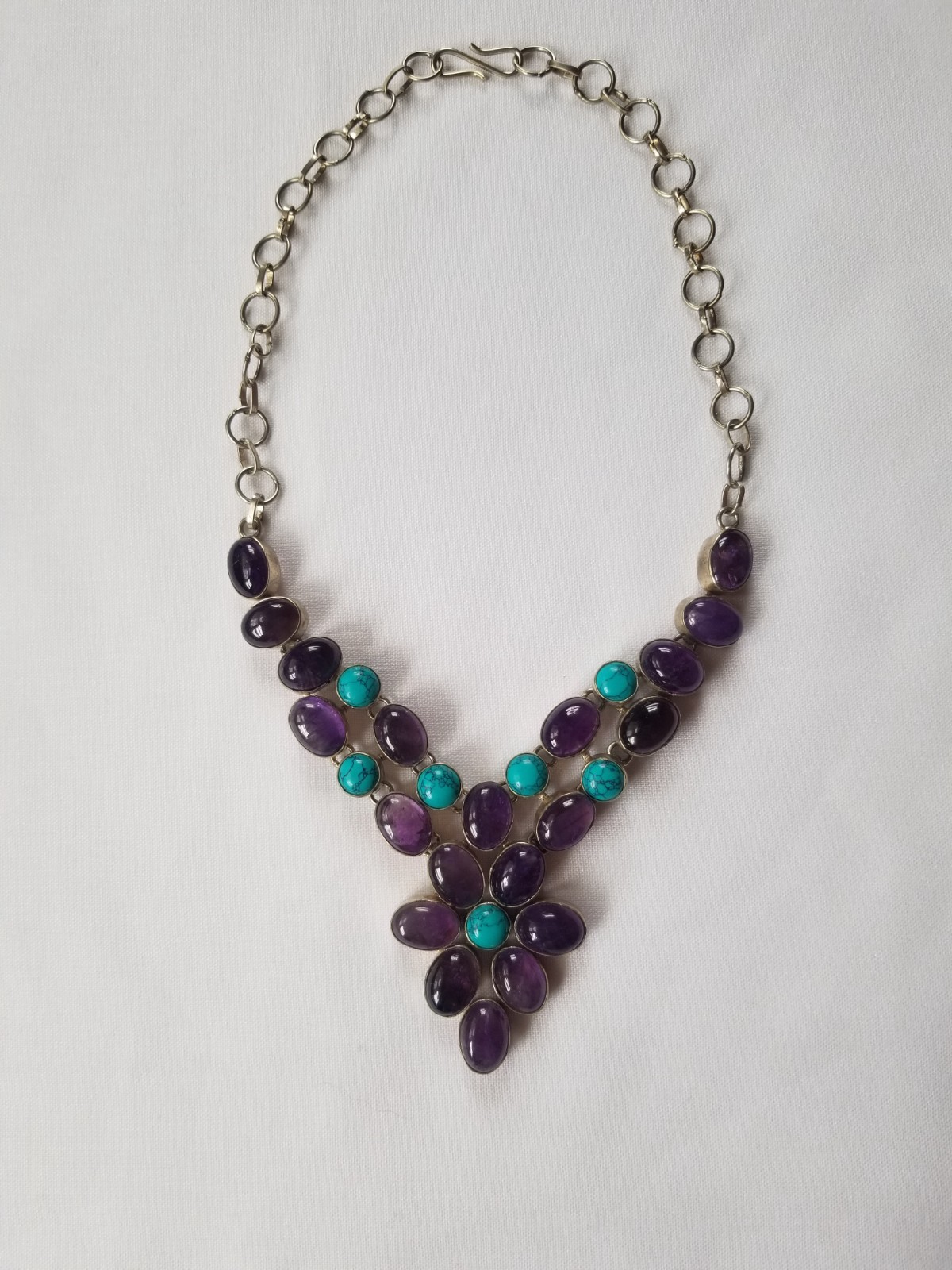 Multi Gemstone Flower Bib Statement Necklace Silver Amethyst Turquoise Handmade