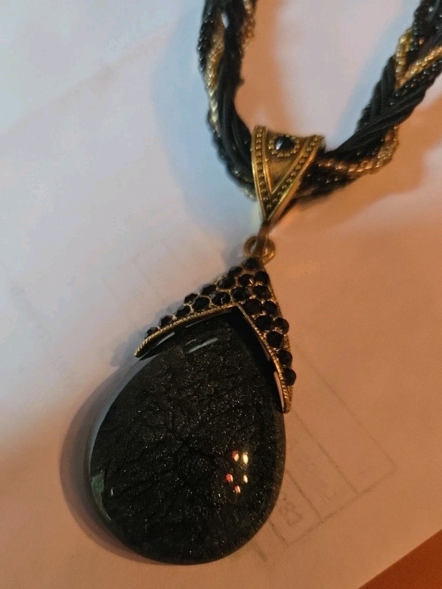Designer Black/Grey Beaded Gemstone Pendant Necklace