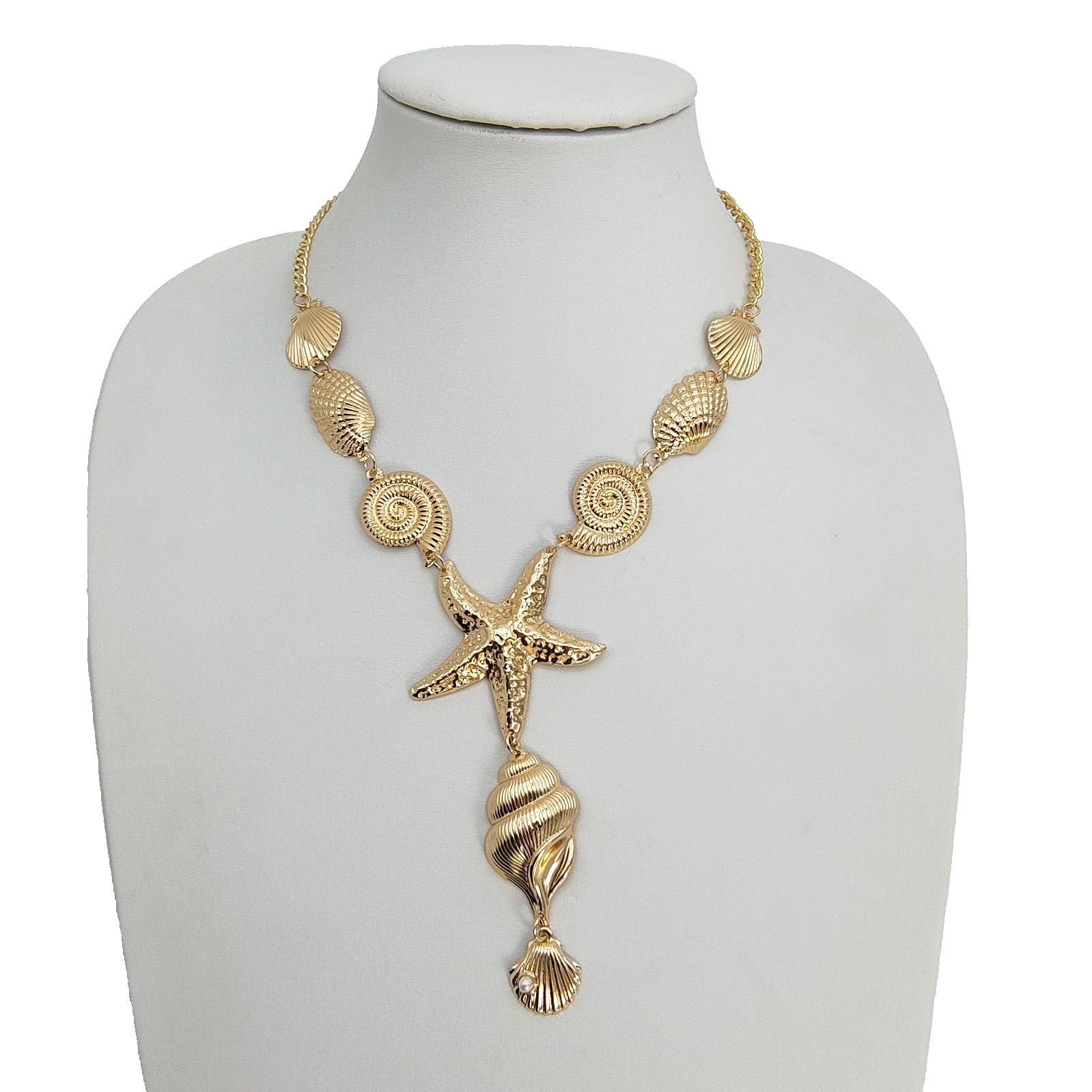 Ocean Theme Statement Y-Necklace Gold Tone Lariat Starfish Shell Mermaidcore